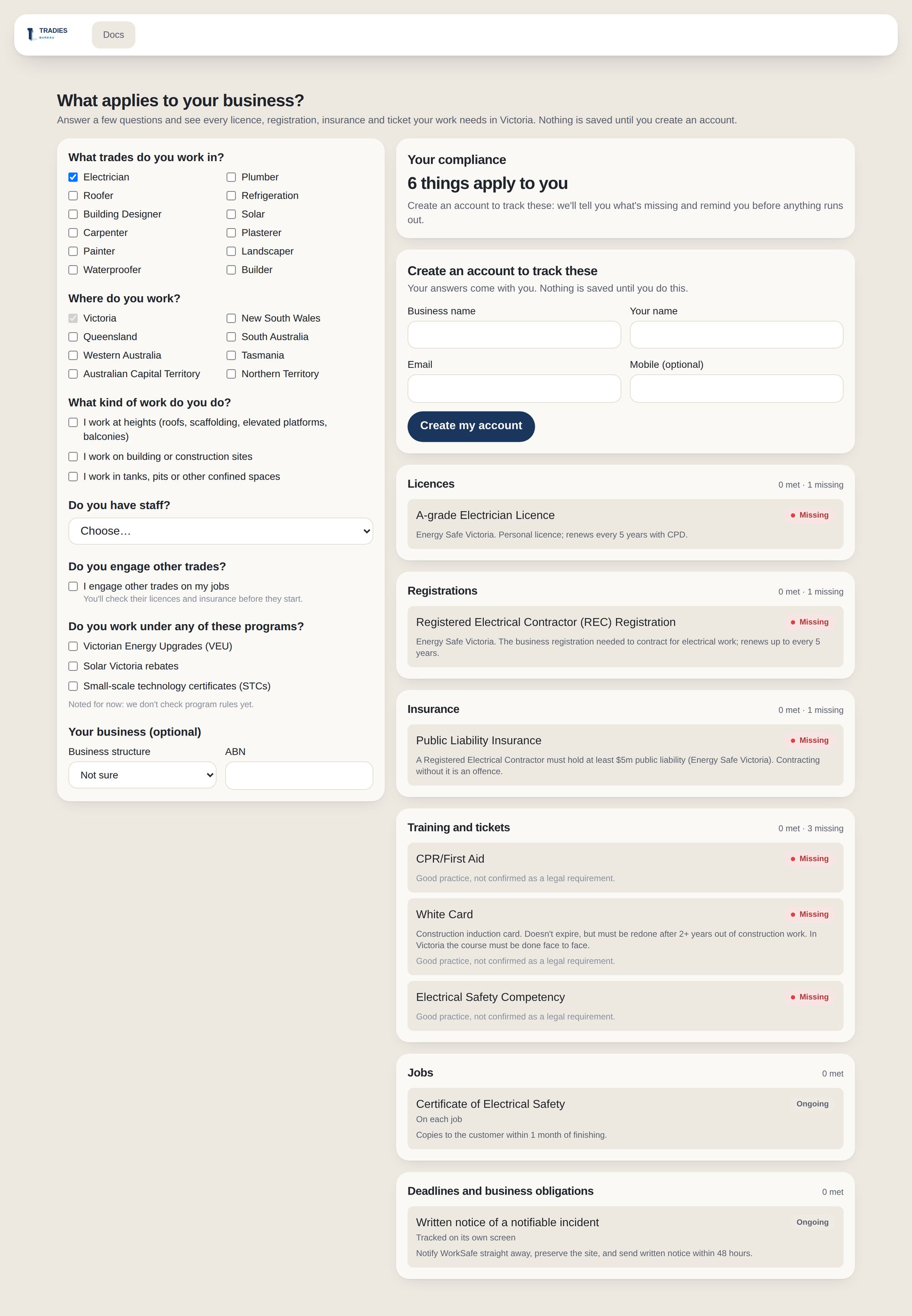 The Compliance Checker with Electrician ticked, listing the six things that apply and a form to create an account