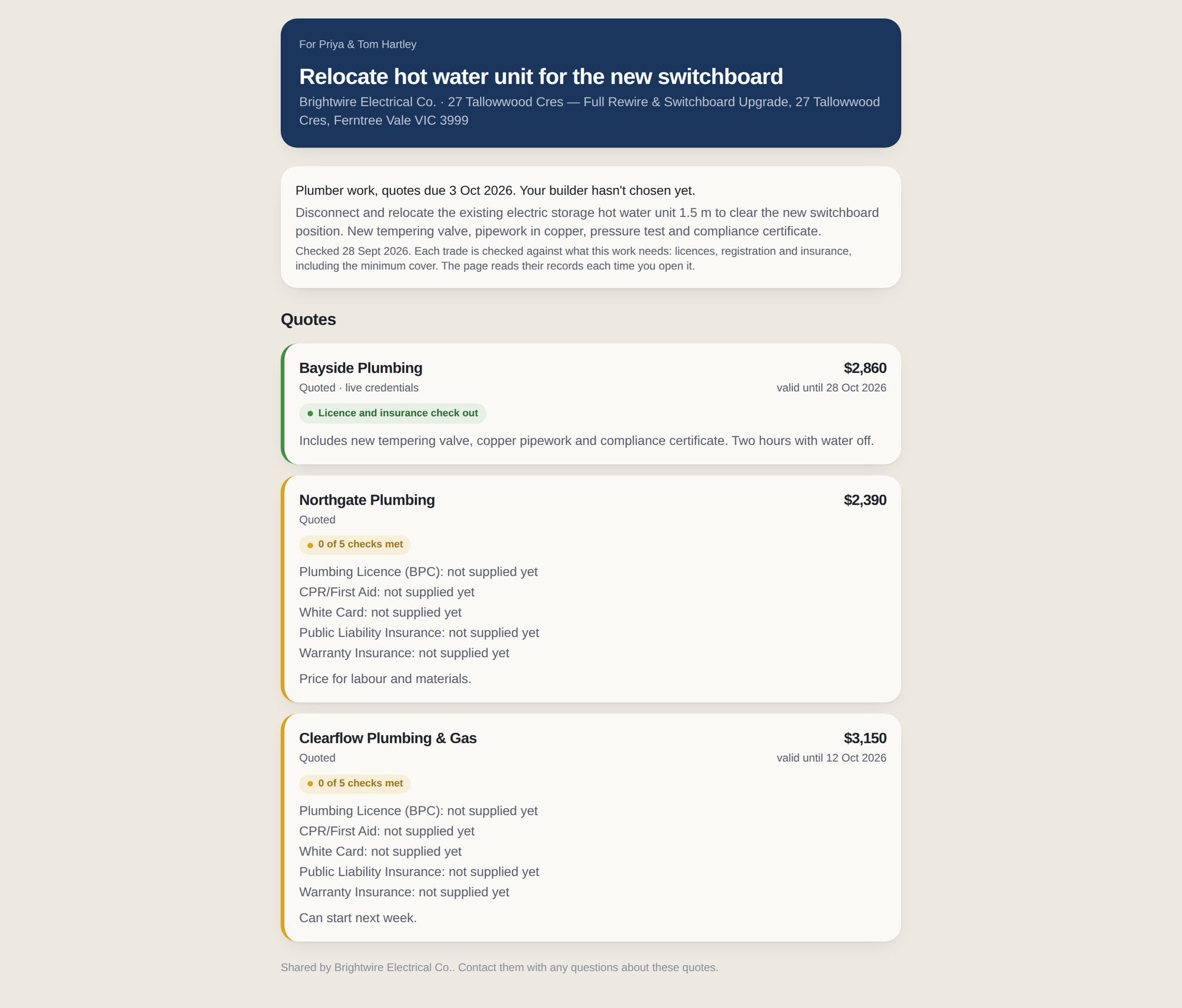 The read-only page a builder shares with their client: each quote and whether the trade's licence and insurance check out