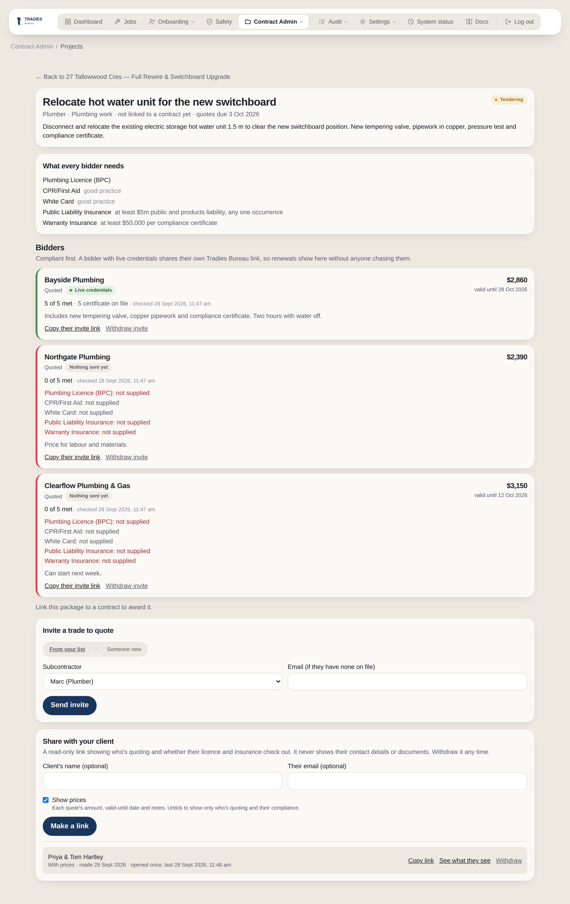 A work package out to tender: what every bidder needs to hold, and three plumbers' quotes with the compliant bidder, sharing live credentials, listed first