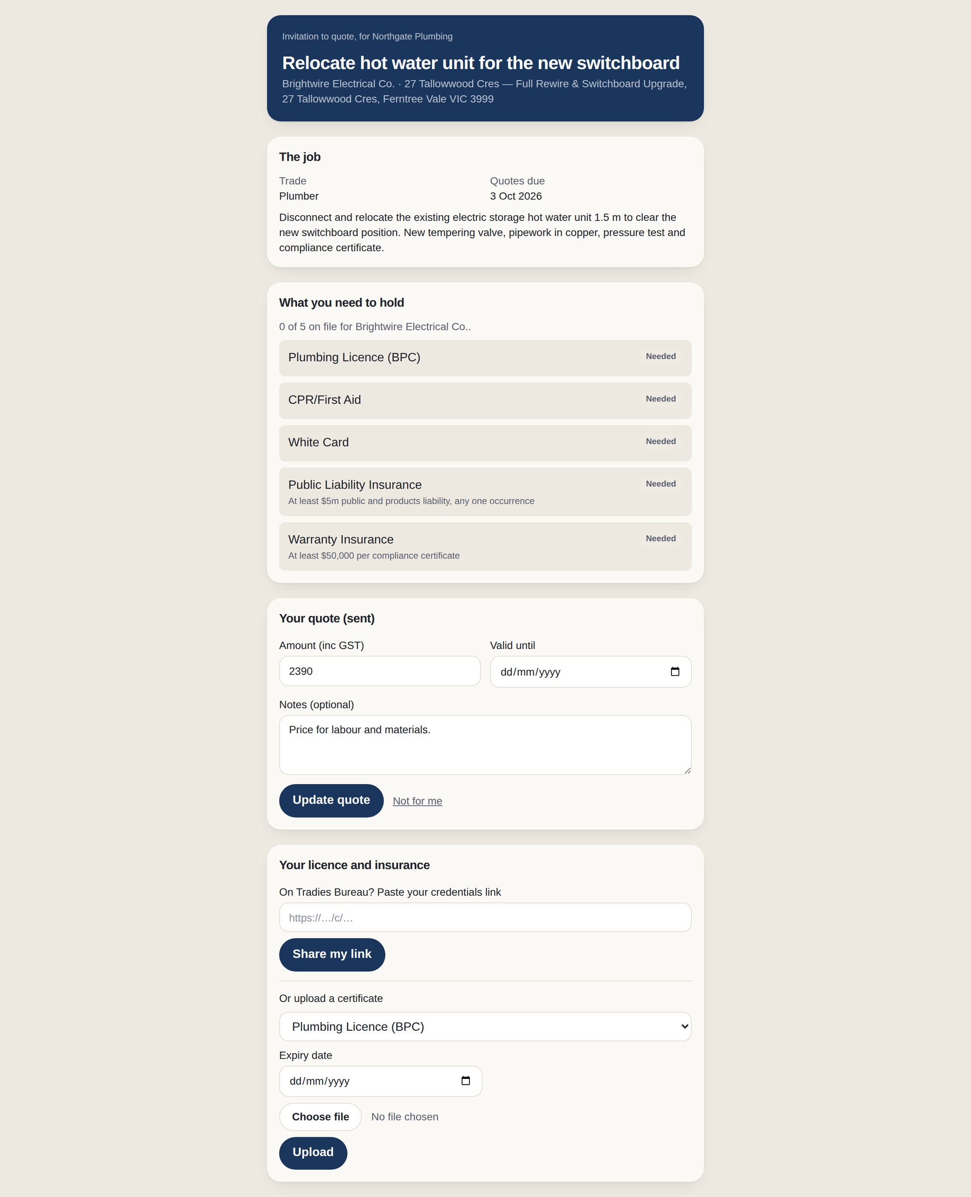 The page a trade opens from a tender invite, with no account: the job, what they need to hold, their quote, and where to share their credentials or upload certificates