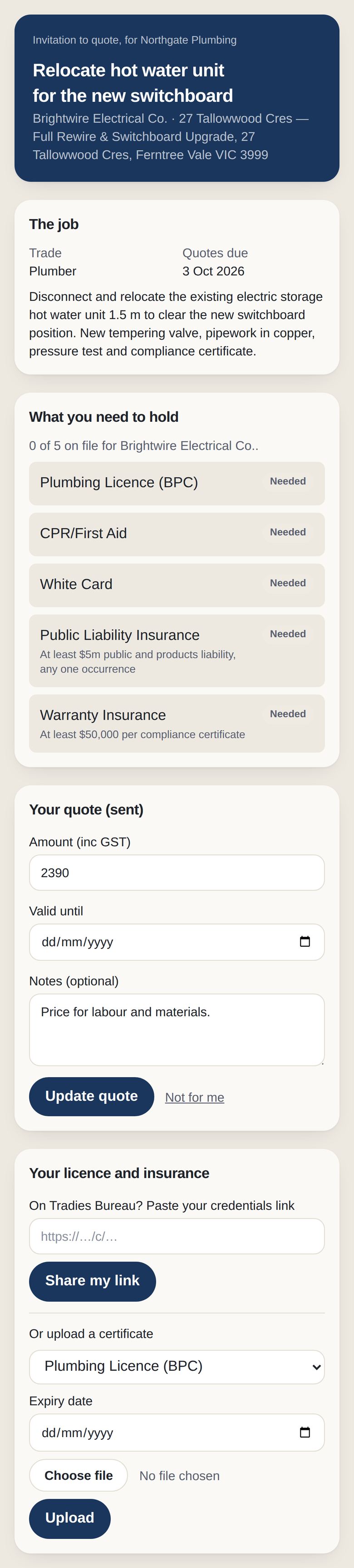 A tender invite opened on a trade's phone